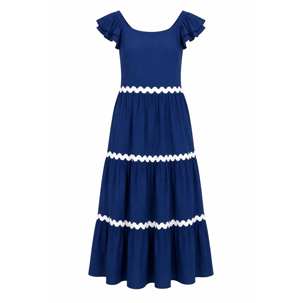 Chenault Girl Navy Blue Ric Rac Woven Maxi Dress Kids Size 14 Tiered NWT